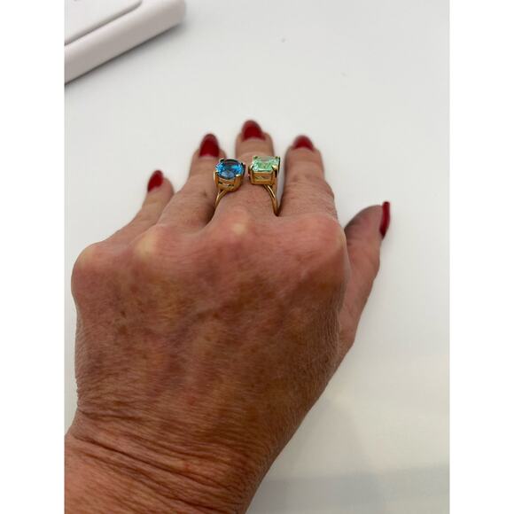 14k Gold Two Stone Ring London Blue Mint Green Spinel Negative Space Adjustable - Picture 8 of 10